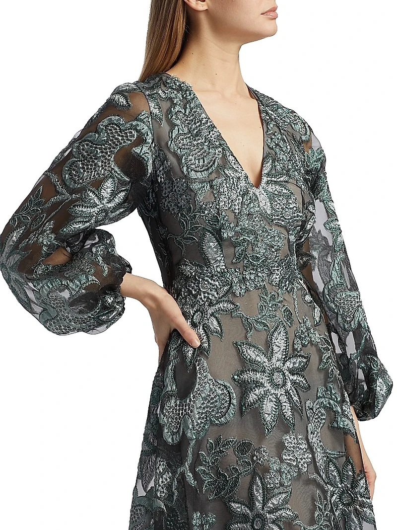 Floral Embroidered Bishop-Sleeve Gown