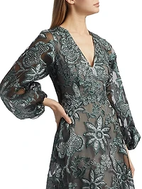 Floral Embroidered Bishop-Sleeve Gown