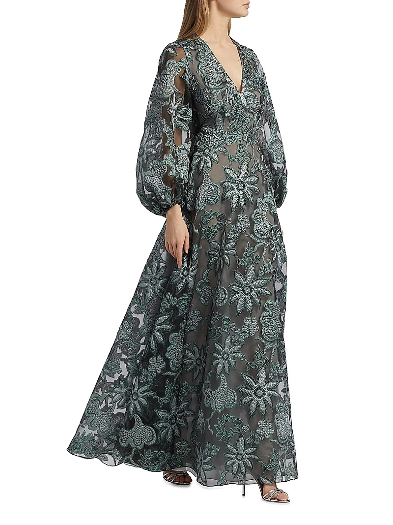 Floral Embroidered Bishop-Sleeve Gown
