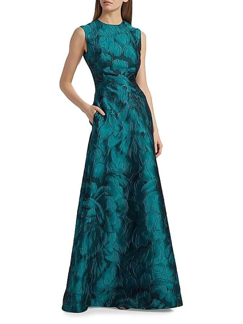 Floral Brocade Sleeveless A-Line Gown