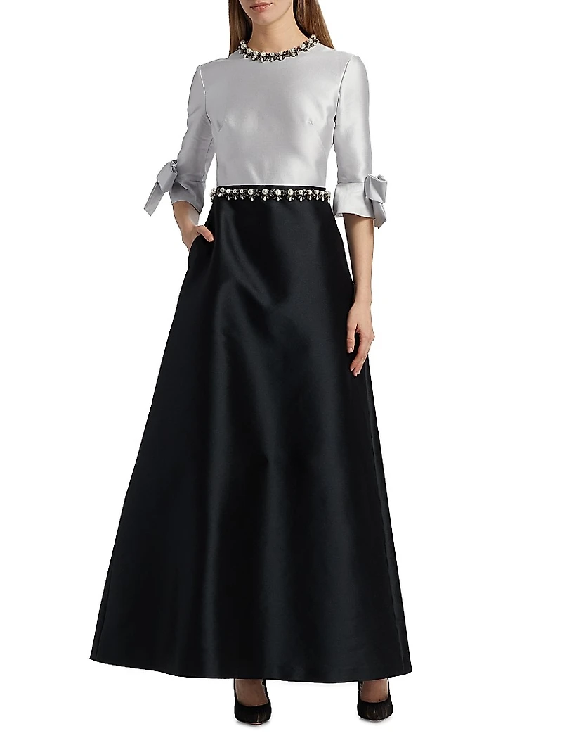 Embellished Satin Two-Tone Shirtwaist Gown