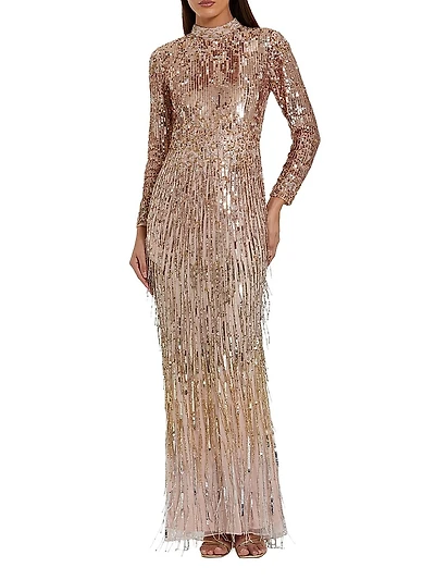 Sequined Fringe Column Gown