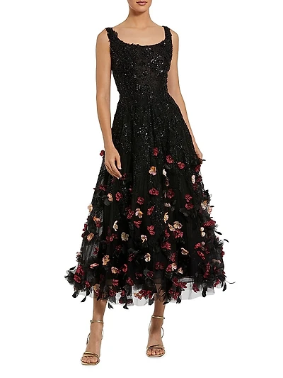Sequined Floral Appliqué Cocktail Dress