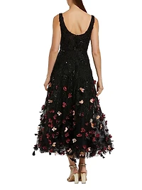 Sequined Floral Appliqué Cocktail Dress