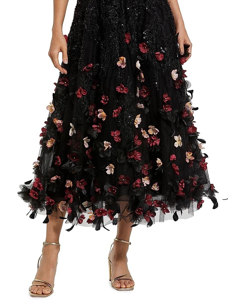 Sequined Floral Appliqué Cocktail Dress