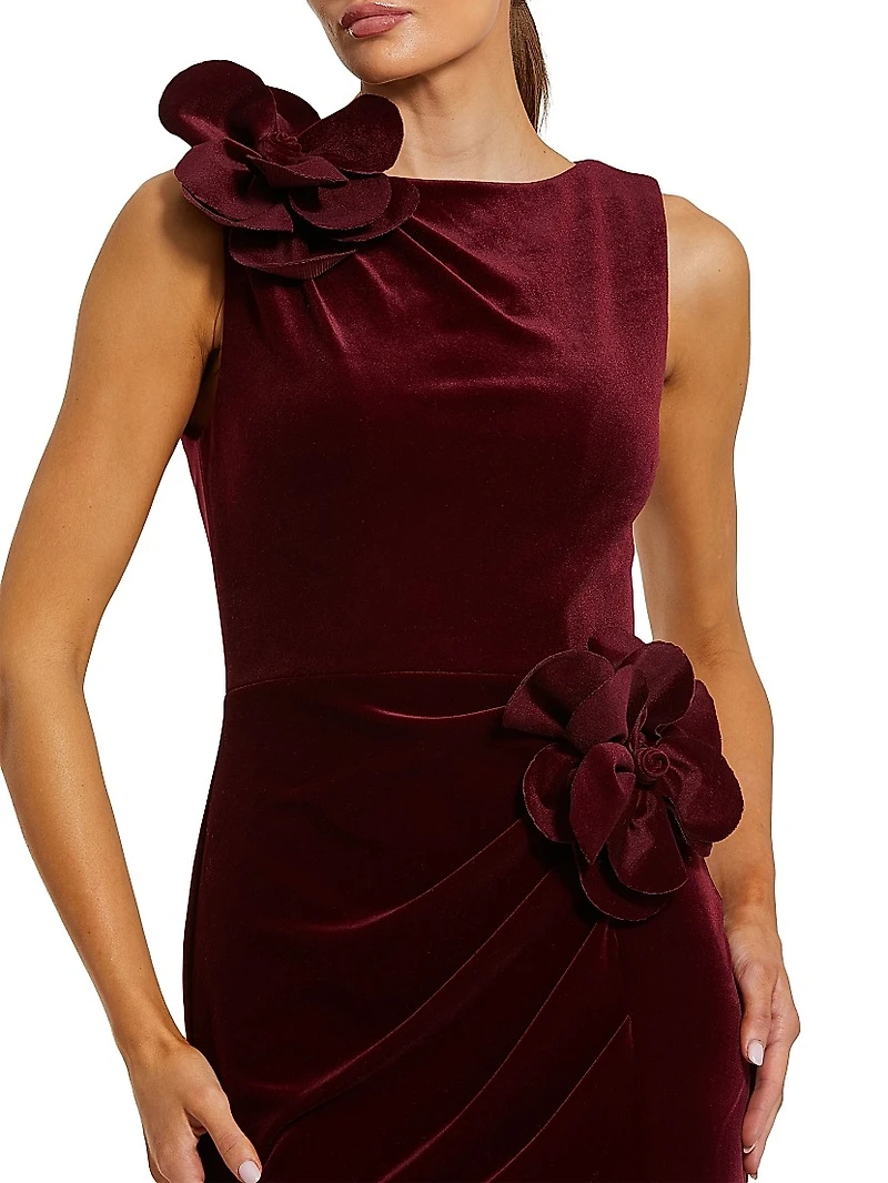 Floral Appliqué Velvet Column Gown