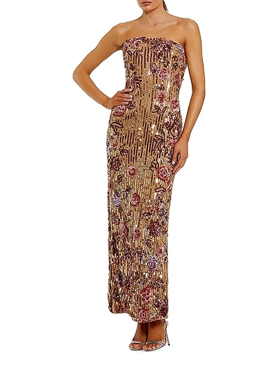Floral Sequin Strapless Column Dress
