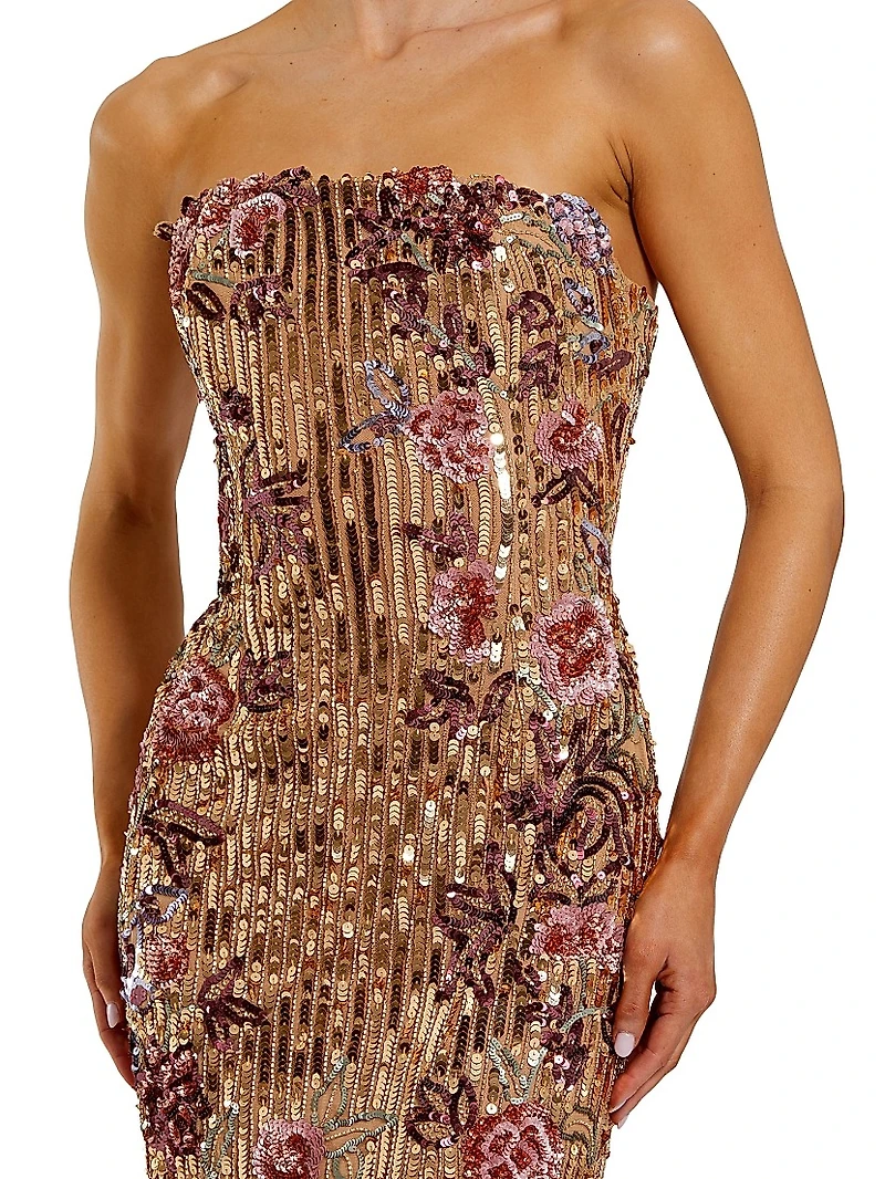 Floral Sequin Strapless Column Dress