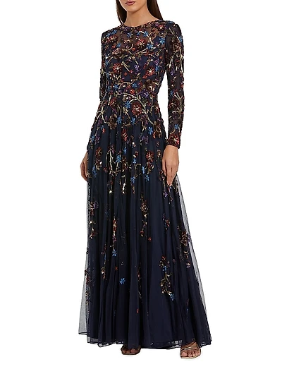 Floral Beaded Mesh A-Line Gown
