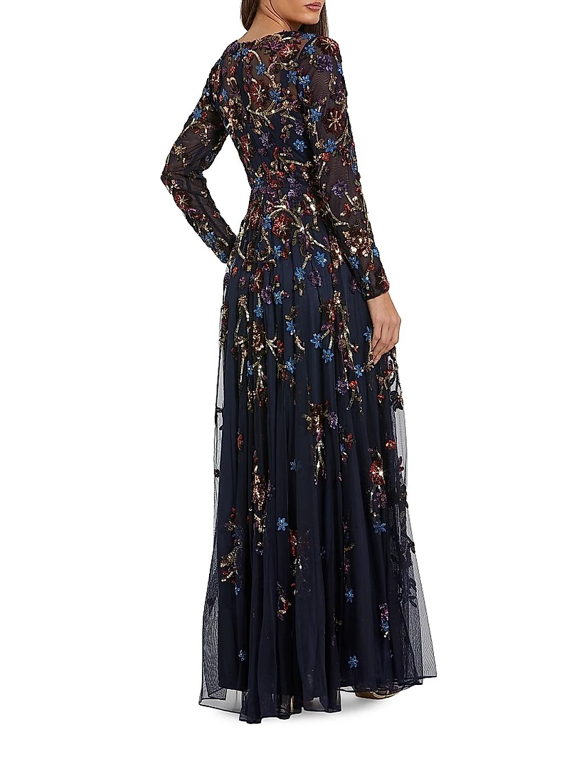 Floral Beaded Mesh A-Line Gown