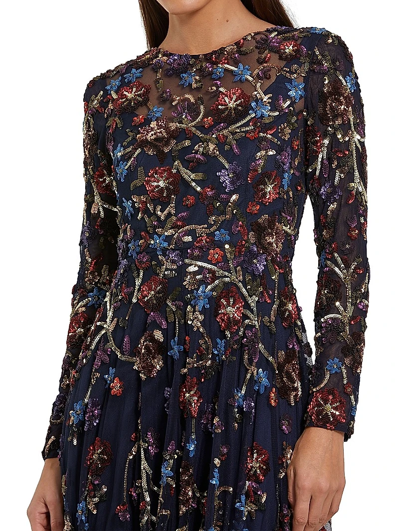 Floral Beaded Mesh A-Line Gown