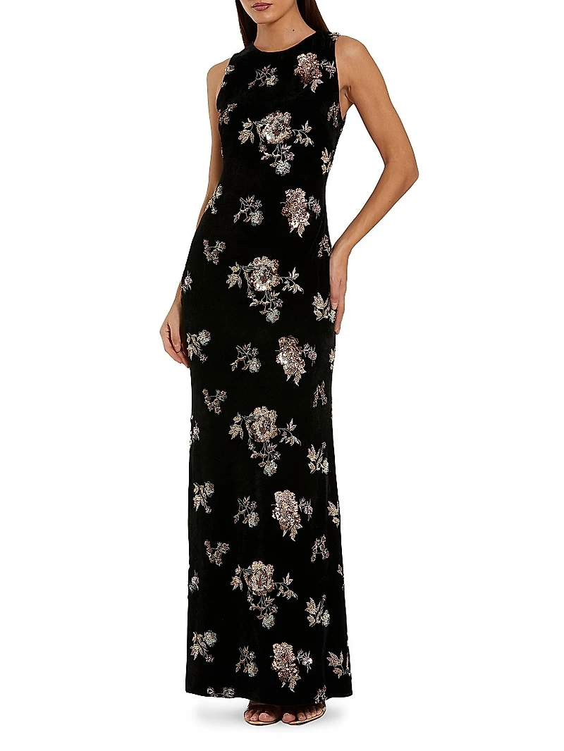 Floral Sequined Velvet Column Gown