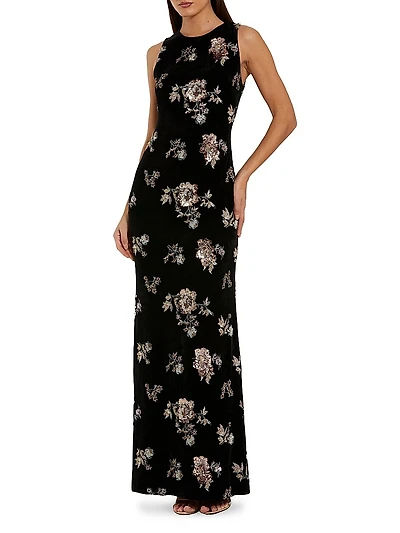 Floral Sequined Velvet Column Gown