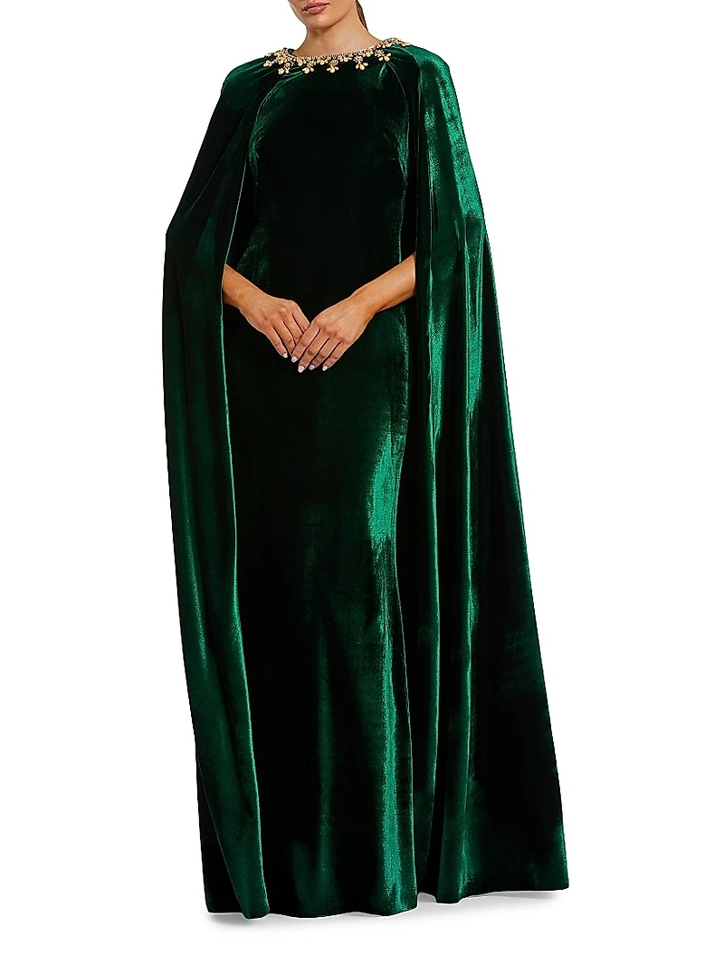 Embellished-Neckline Velvet Cape Gown