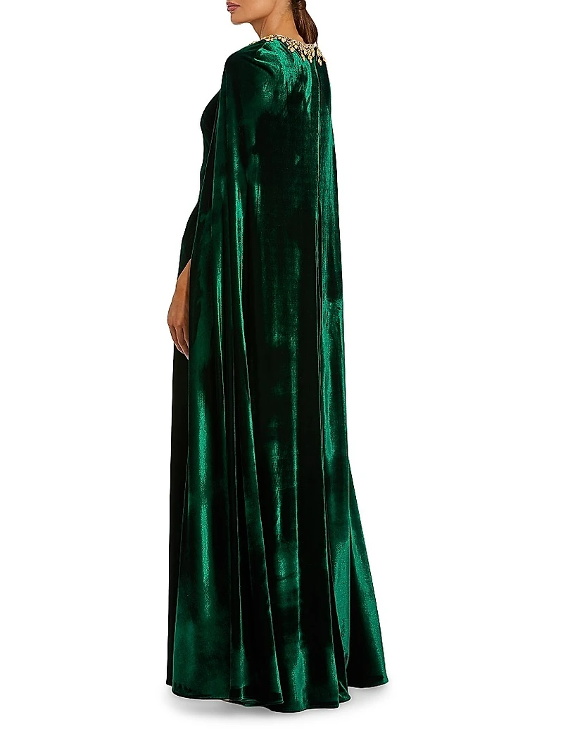 Embellished-Neckline Velvet Cape Gown