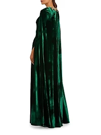 Embellished-Neckline Velvet Cape Gown