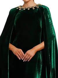 Embellished-Neckline Velvet Cape Gown