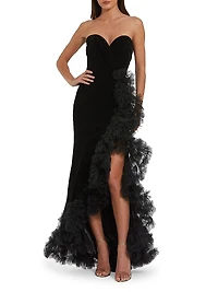 Frilled-Slit Crossover Bustier Gown