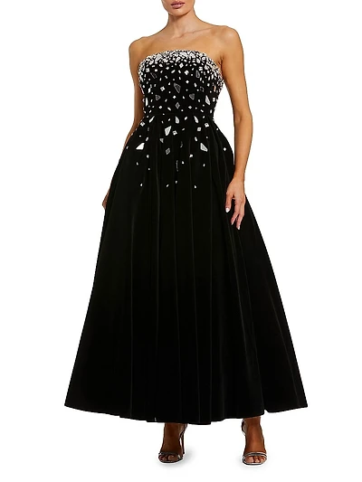 Glass-Embellished Velvet Tea-Length Dress