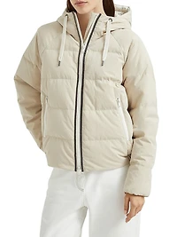 Techno Canvas Hooded Down Jacket with Shiny Eyelets
