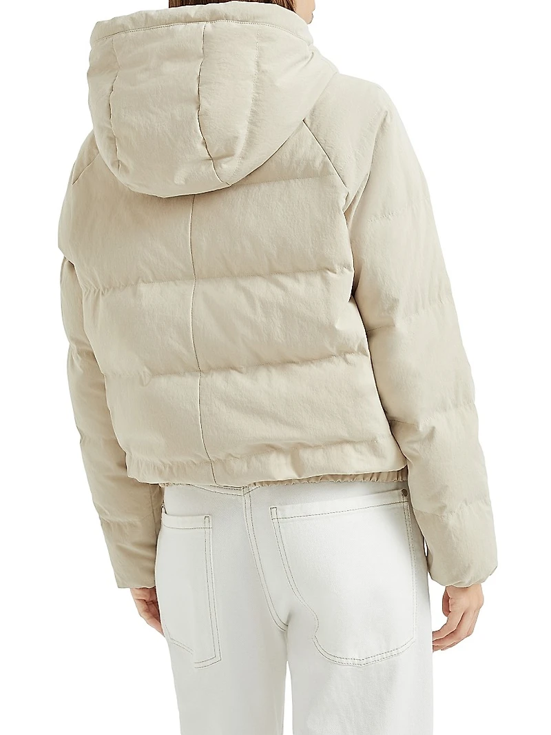 Techno Canvas Hooded Down Jacket with Shiny Eyelets