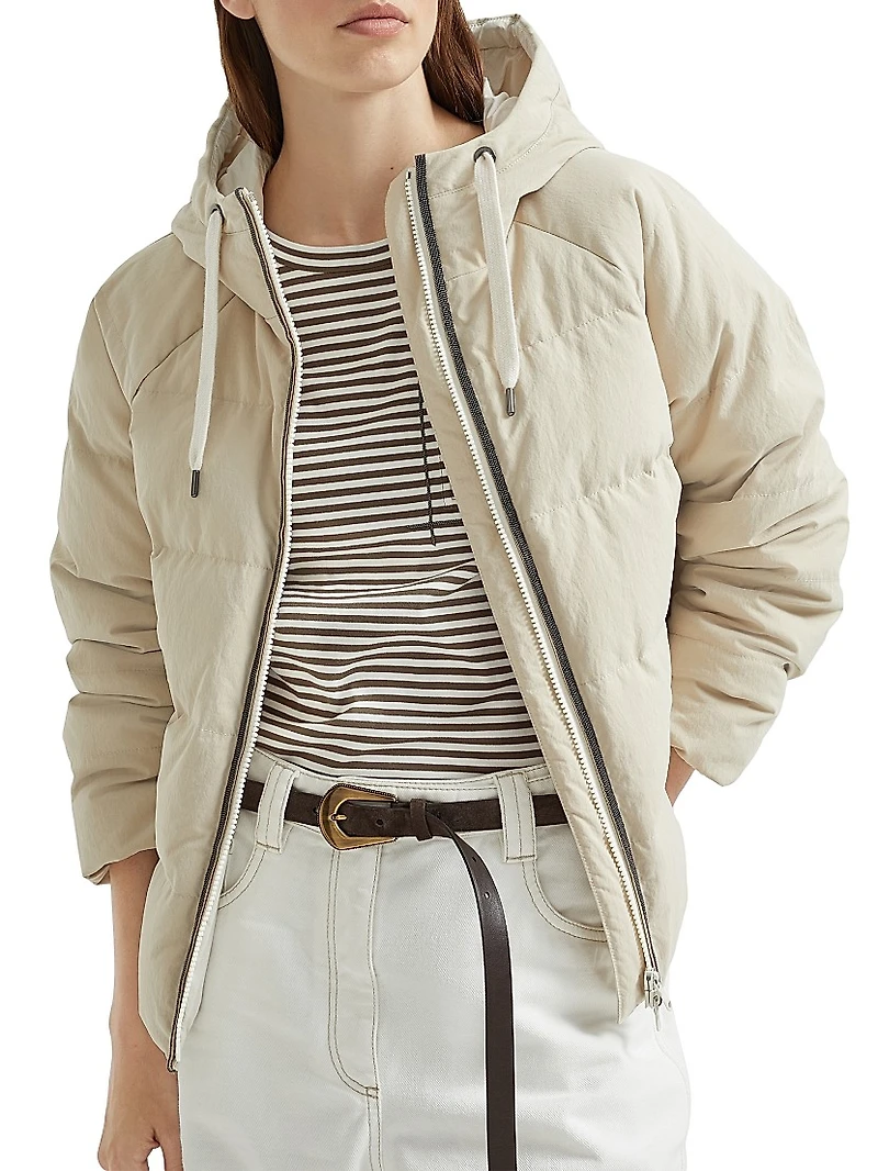 Techno Canvas Hooded Down Jacket with Shiny Eyelets