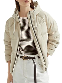 Techno Canvas Hooded Down Jacket with Shiny Eyelets