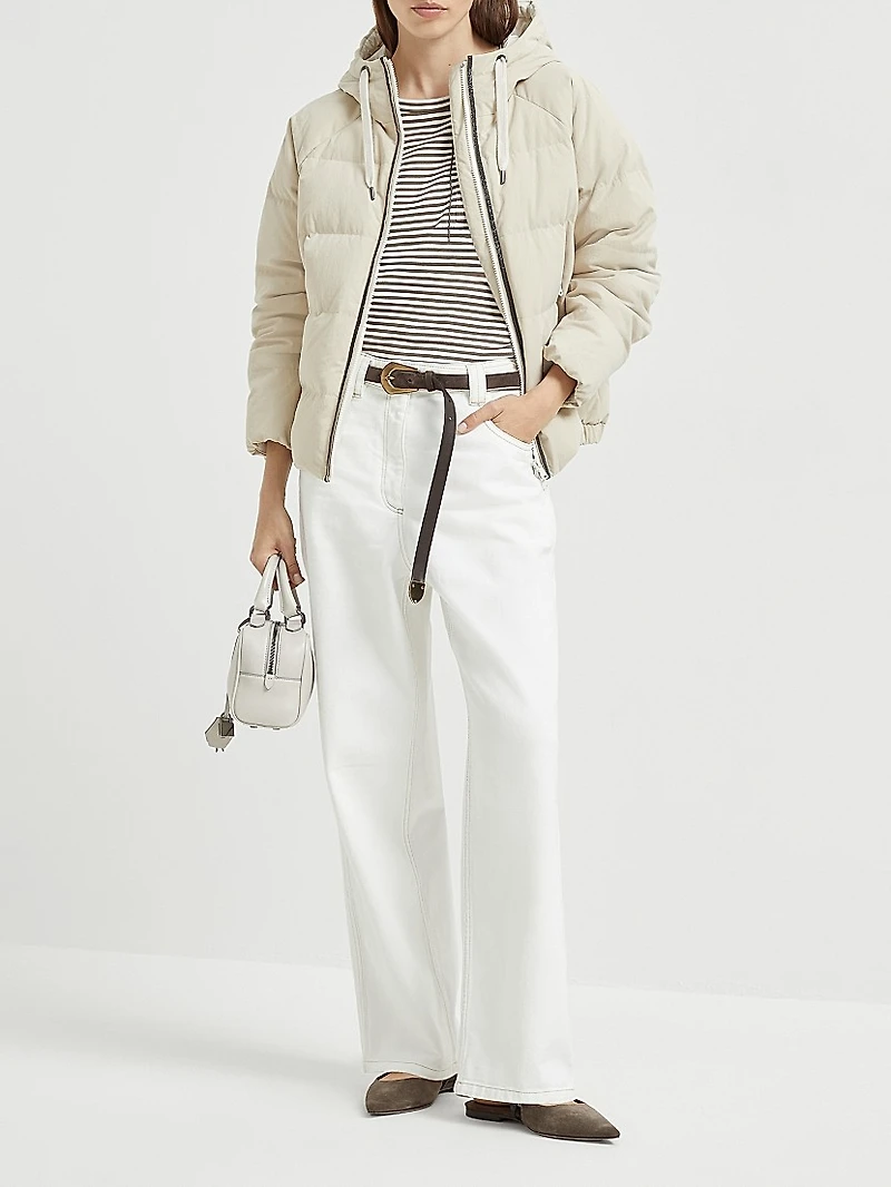 Techno Canvas Hooded Down Jacket with Shiny Eyelets