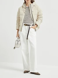 Techno Canvas Hooded Down Jacket with Shiny Eyelets