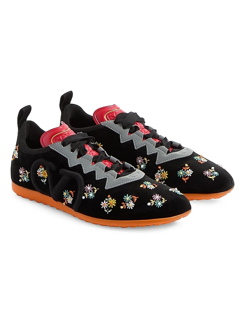Chromathon Velvet Sneakers with Floral Embroidery
