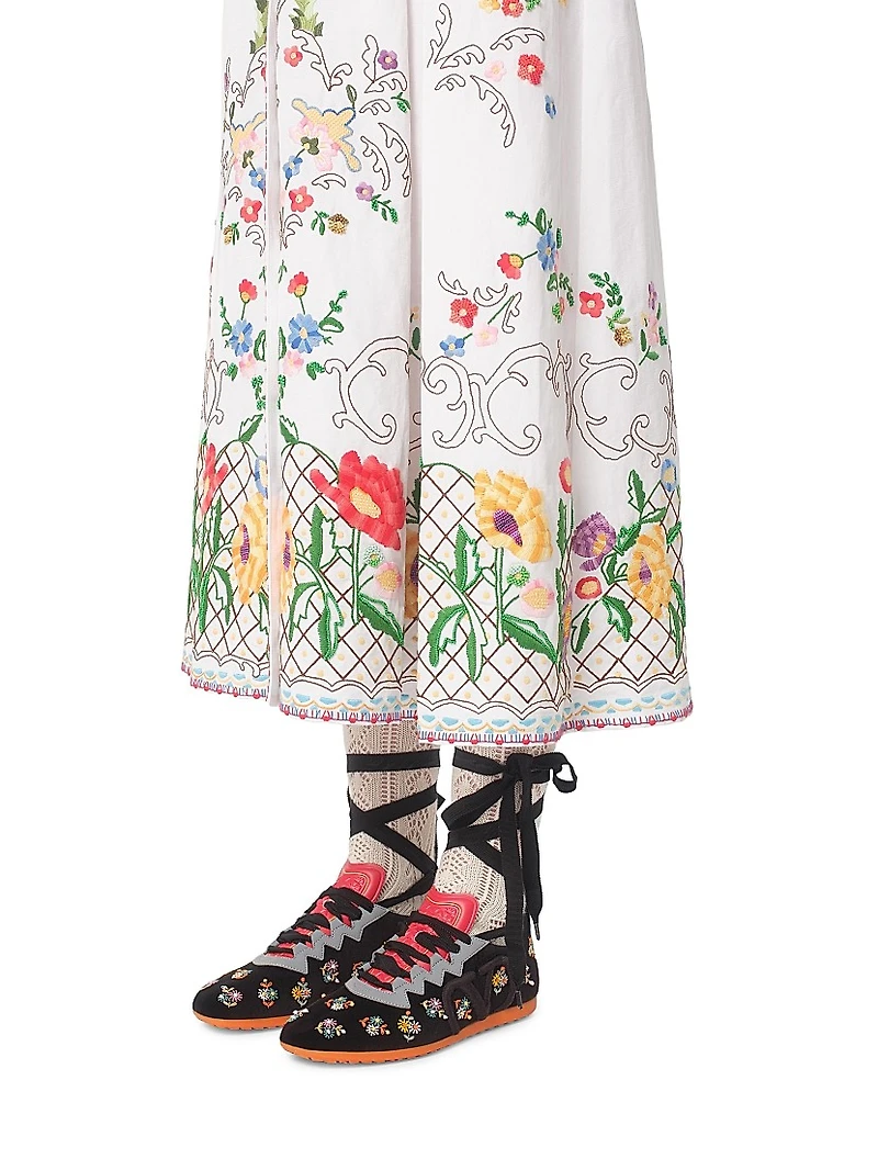 Chromathon Velvet Sneakers with Floral Embroidery