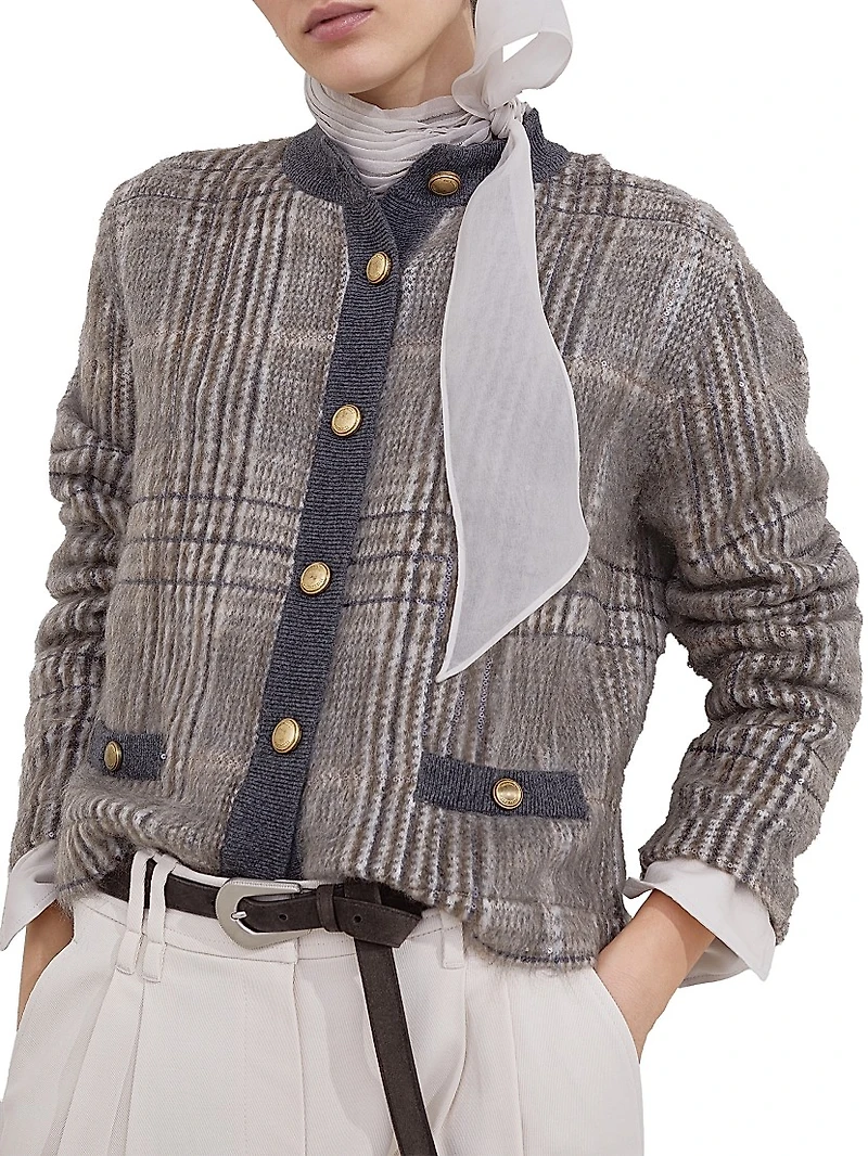 Mohair Virgin Wool and Cashmere Jacquard Cardigan