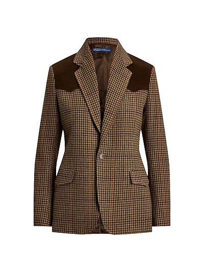Suede-Trimmed Houndstooth Wool Blazer