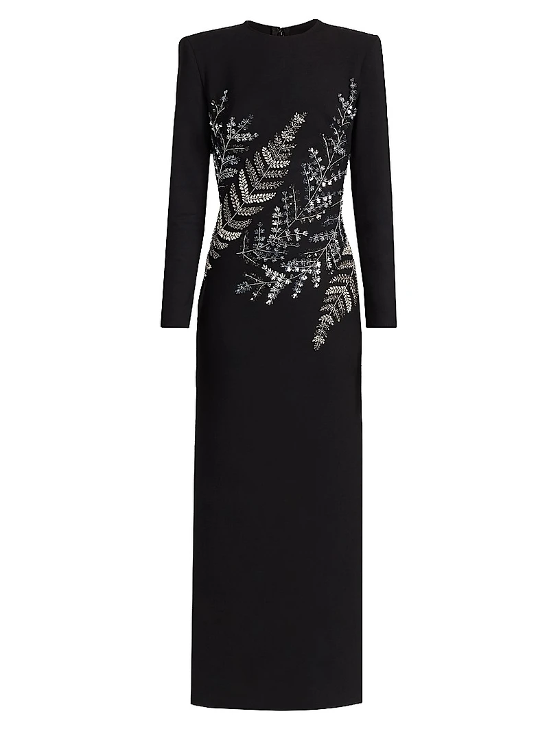 Fern Embroidered Long-Sleeve Stretch-Wool Gown