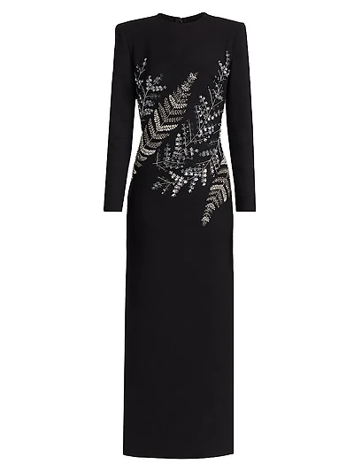 Fern Embroidered Long-Sleeve Stretch-Wool Gown