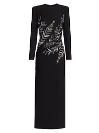 Fern Embroidered Long-Sleeve Stretch-Wool Gown