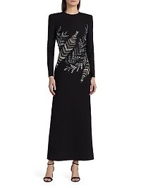 Fern Embroidered Long-Sleeve Stretch-Wool Gown