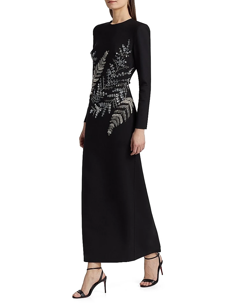 Fern Embroidered Long-Sleeve Stretch-Wool Gown