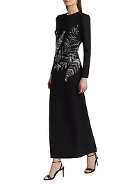 Fern Embroidered Long-Sleeve Stretch-Wool Gown