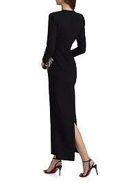 Fern Embroidered Long-Sleeve Stretch-Wool Gown