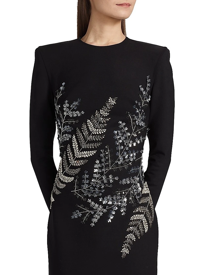 Fern Embroidered Long-Sleeve Stretch-Wool Gown