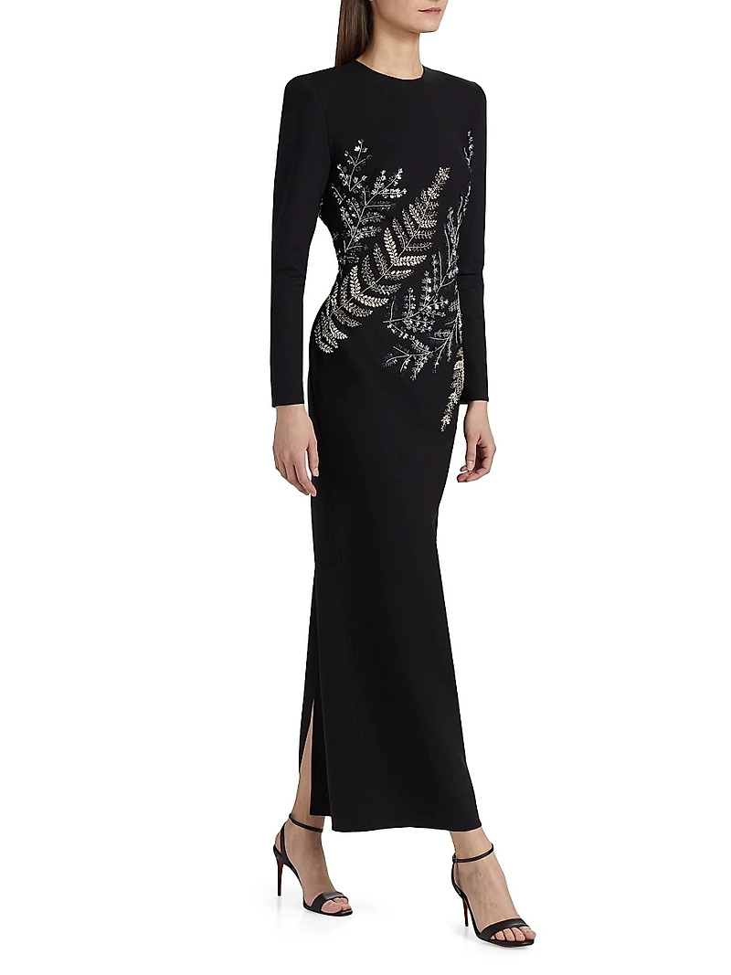Fern Embroidered Long-Sleeve Stretch-Wool Gown