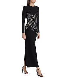 Fern Embroidered Long-Sleeve Stretch-Wool Gown