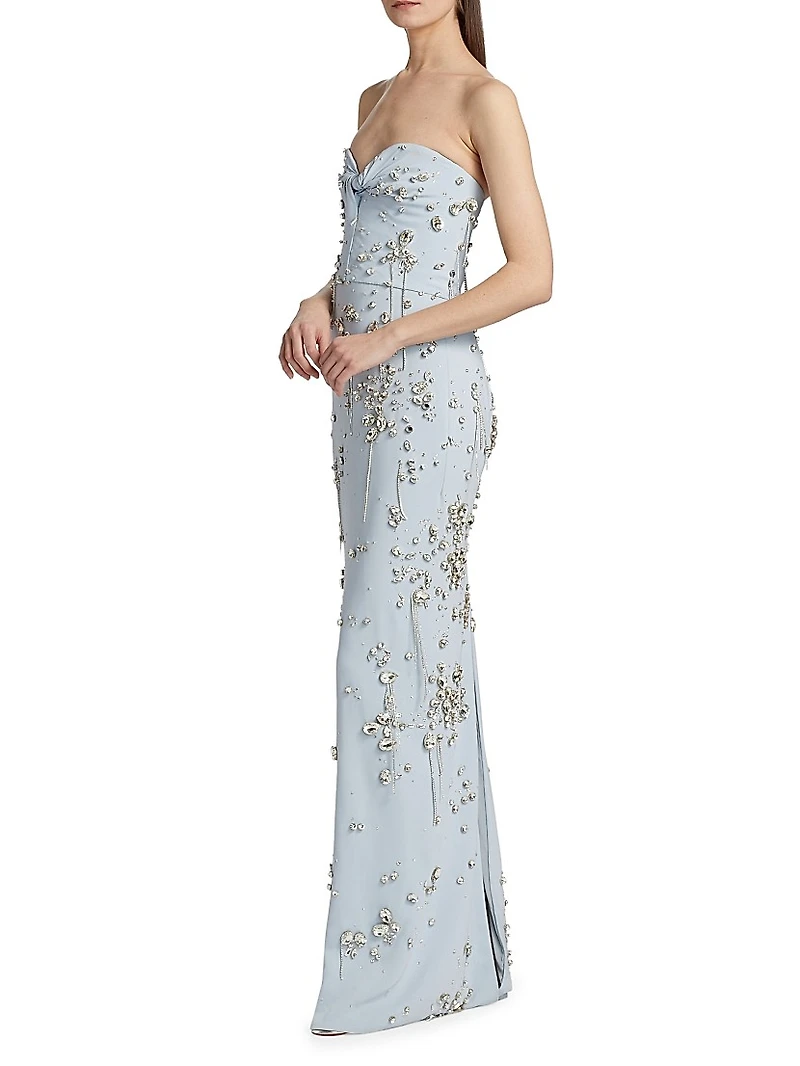 Strapless Crystal Cluster Embroidered Gown
