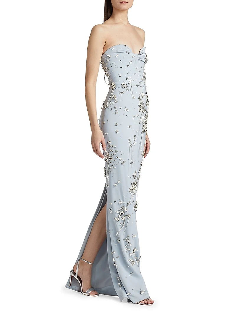 Strapless Crystal Cluster Embroidered Gown