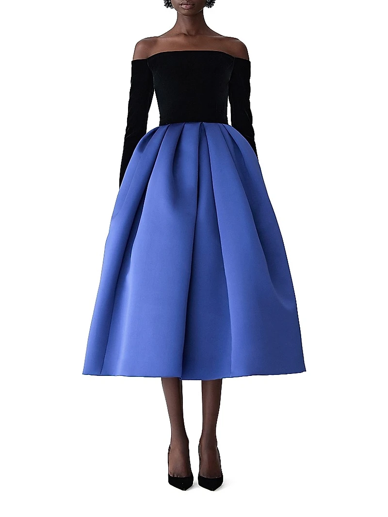 Colorblocked Off-The-Shoulder Cocktail Dress