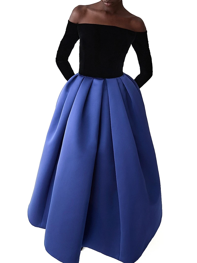 Colorblocked Off-The-Shoulder Cocktail Dress