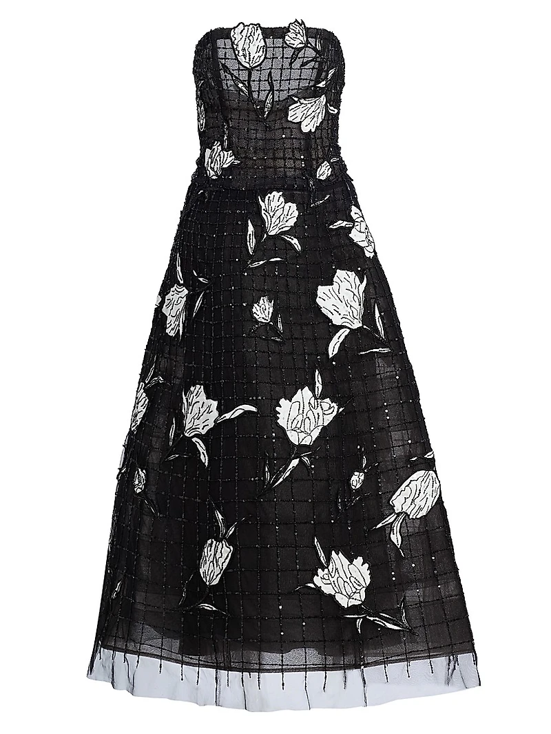 Embroidered Lillies Sequin Mesh Strapless Cocktail Dress