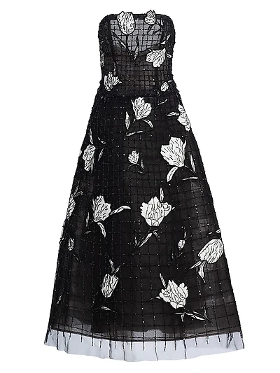 Embroidered Lillies Sequin Mesh Strapless Cocktail Dress