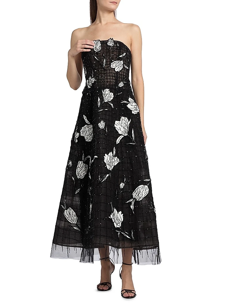 Embroidered Lillies Sequin Mesh Strapless Cocktail Dress